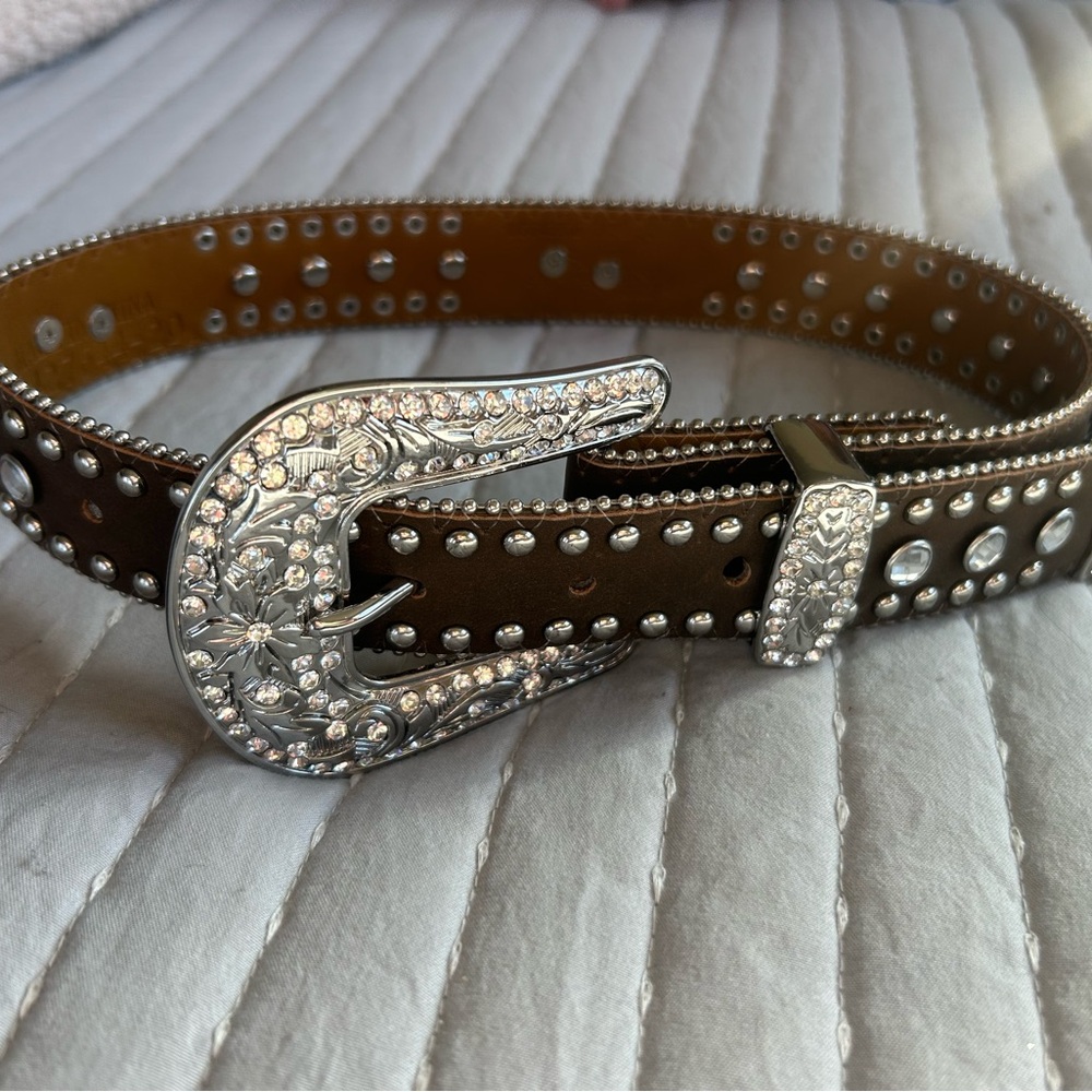 Girls Brown Studded Belt with Silver Buckle Horse Details